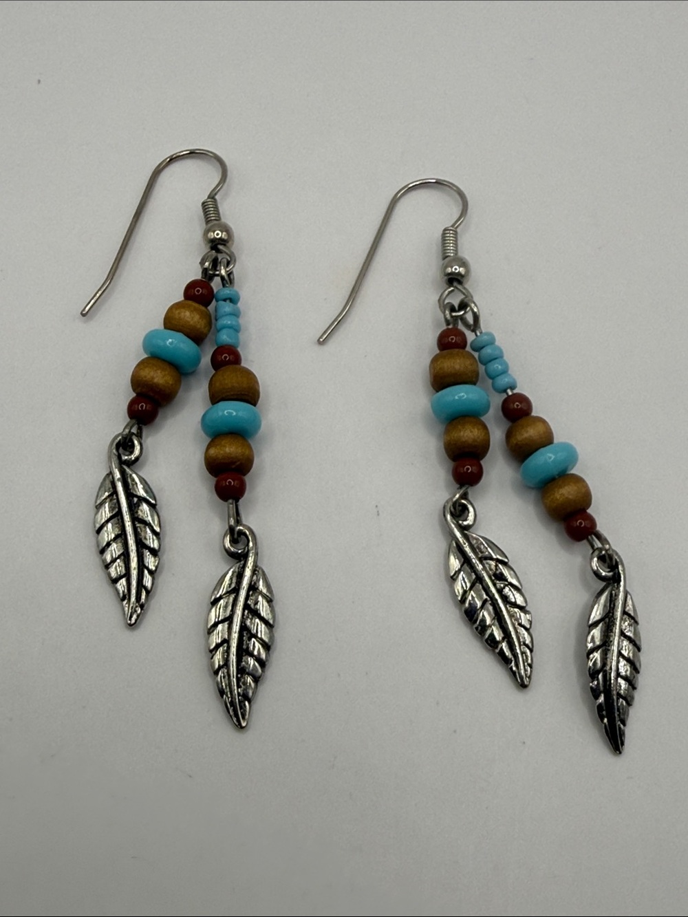 Vintage Southwestern Silver Tone Turquoise Blue Brown Feather Dangle Earrings